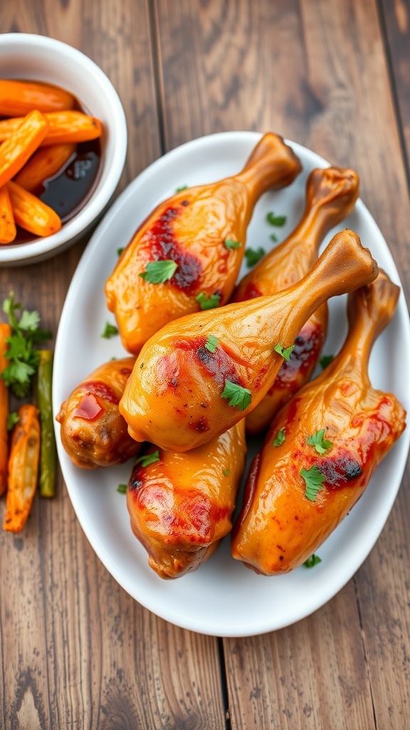 Crispy baked chicken drumsticks on a plate with roasted vegetables and dipping sauce.